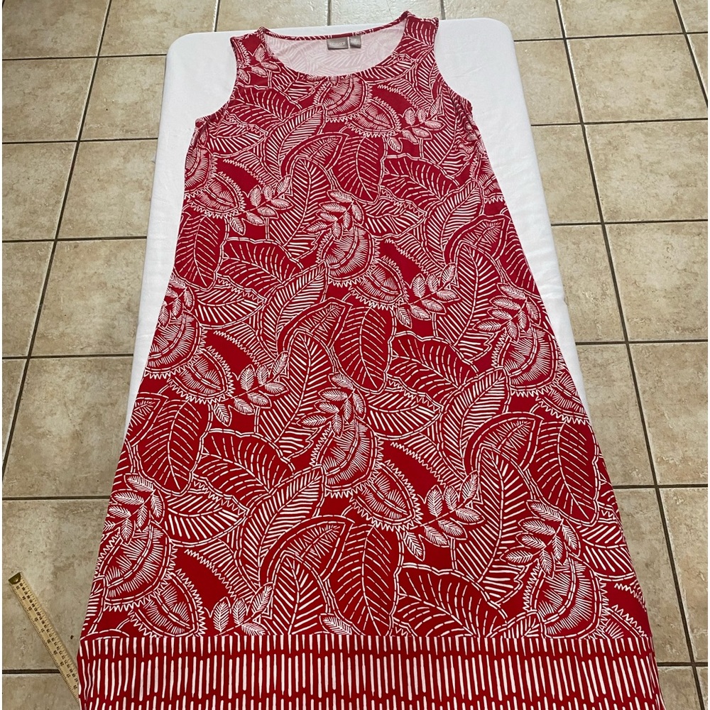 Chico's A-Line sleeveless dress Women's 2 (L) Red White Tribal Leaf Brian Midi